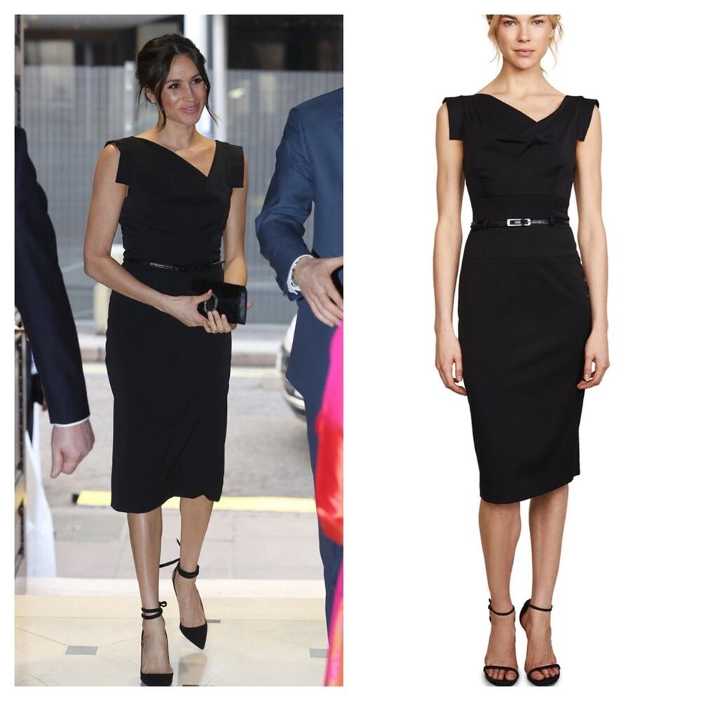 Black Halo Jackie O Sleeveless Belted Black Midi Dress Size 8 Minimalist Modest